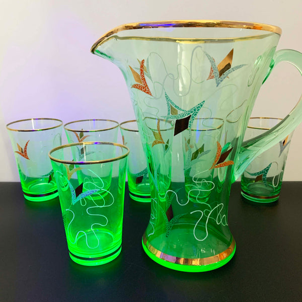 Uranium glass art nouveau drinkware set