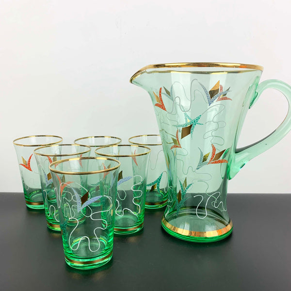 Uranium glass art nouveau drinkware set