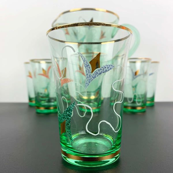 Uranium glass art nouveau drinkware set