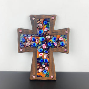 Timber and metal colourful cross wall hanging