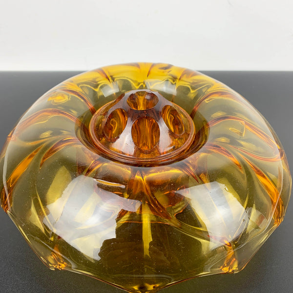 Art deco amber glass flower float bowl with frog