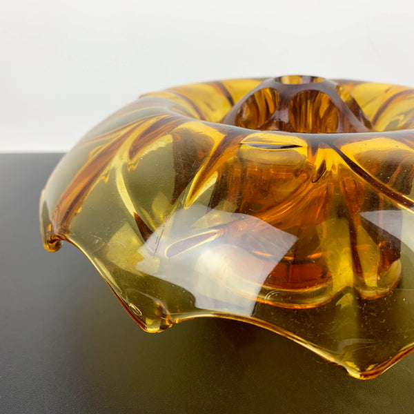 Art deco amber glass flower float bowl with frog