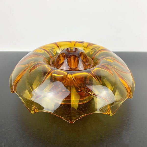 Art deco amber glass flower float bowl with frog