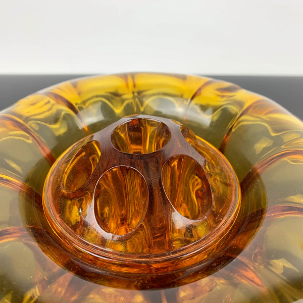 Art deco amber glass flower float bowl with frog