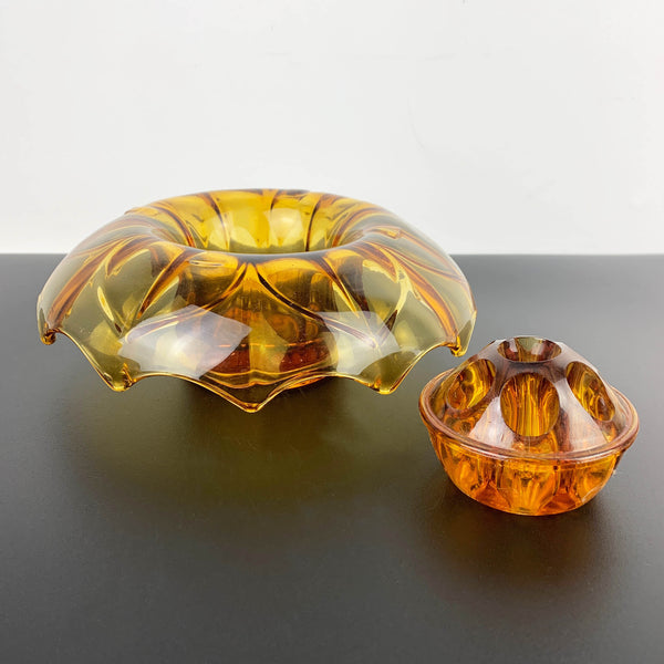 Art deco amber glass flower float bowl with frog