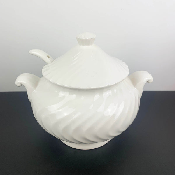 White ceramic ripple patterned soup tureen with lid and ladle