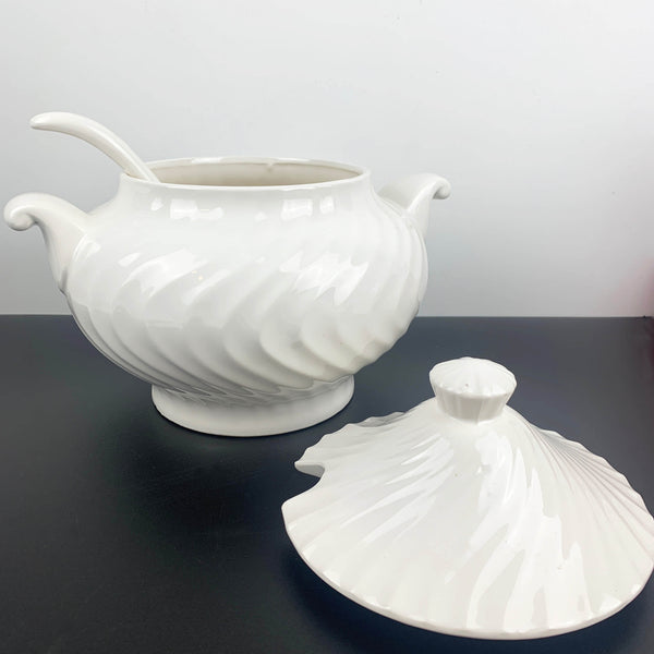 White ceramic ripple patterned soup tureen with lid and ladle