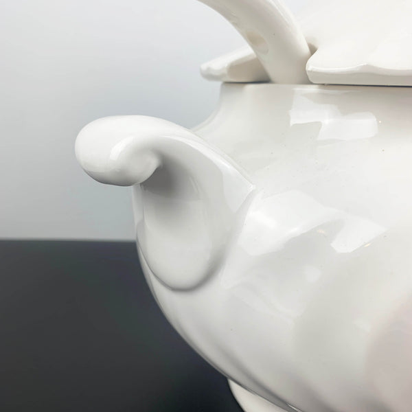 White ceramic ripple patterned soup tureen with lid and ladle