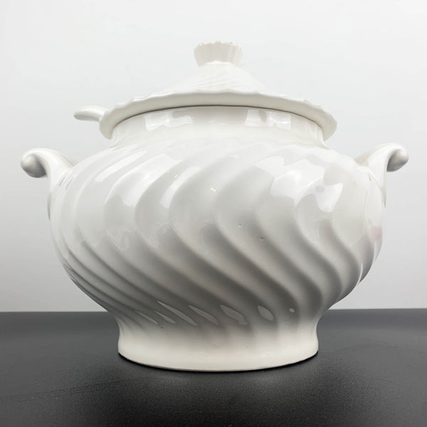 White ceramic ripple patterned soup tureen with lid and ladle