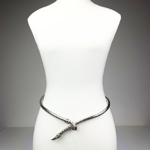 Whiting & Davis silver mesh snake belt shown on mannequin