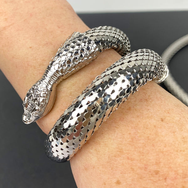 Whiting & Davis silver mesh snake bracelet on wrist