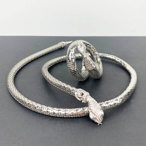 Whiting & Davis silver mesh snake belt and bracelet set