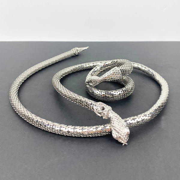 Whiting & Davis 1970's silver mesh snake belt and bracelet set