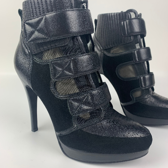 Wittner Black Leather biker style stiletto ankle boots with velcro straps